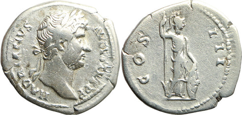 Ancient Roman silver denarius of the Emperor Hadrian minted in Rome